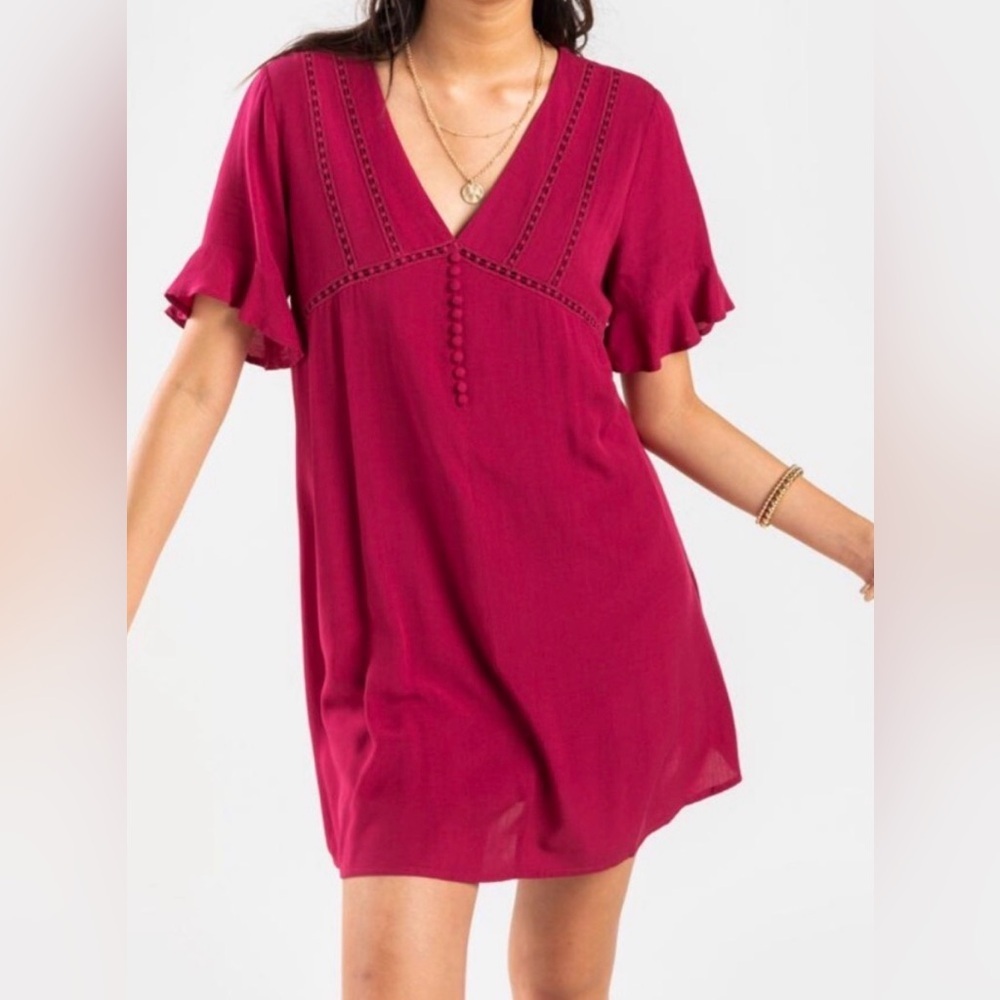 Blue Rain Crimson Boho Crochet Flutter Sleeve Mini Dress M Cottagecore Indie Red